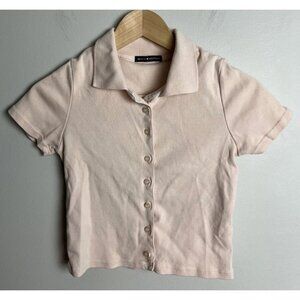 Brandy Melville Pink MH214 Short Sleeve Button Down Polo Crop Top Osfa Academia